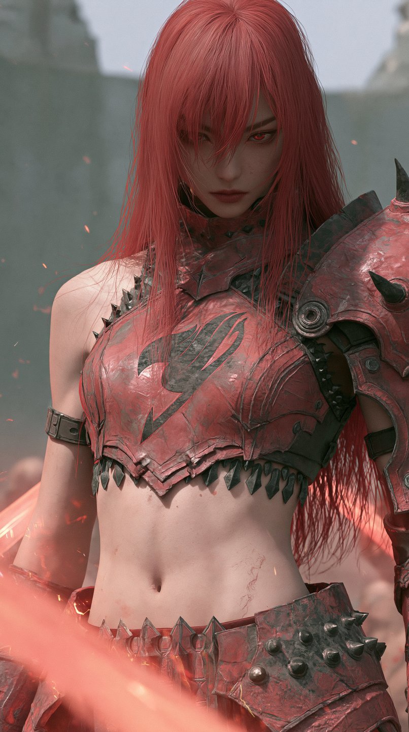 A red-haired female warrior in spiked crimson armor stands defiantly amidst floating embers on a battlefield.