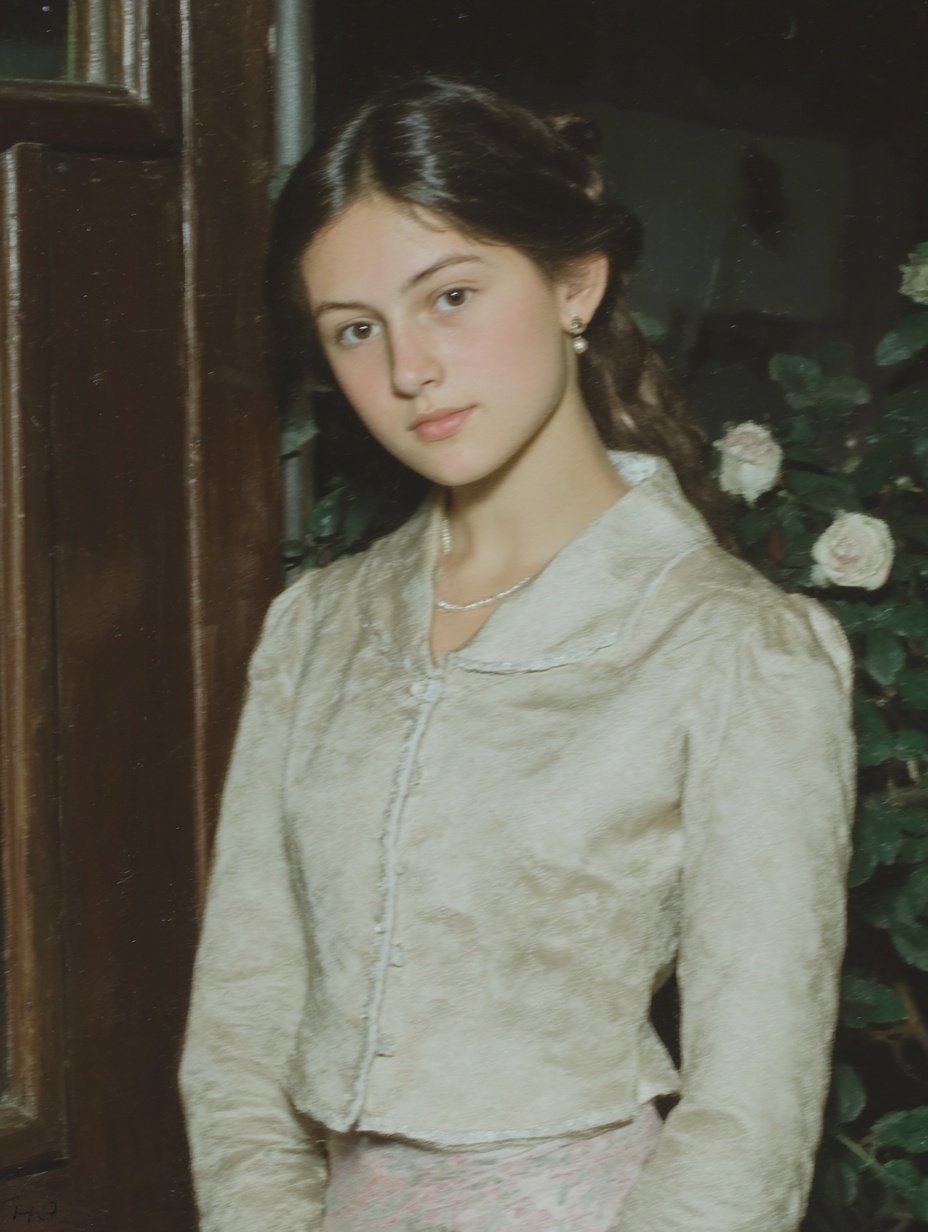 Young woman with dark hair wearing a cream textured jacket and pearls standing before dark wood and roses.