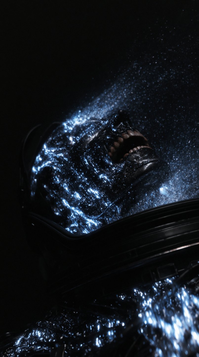 Screaming skull covered in glowing blue particles inside a dark astronaut helmet.