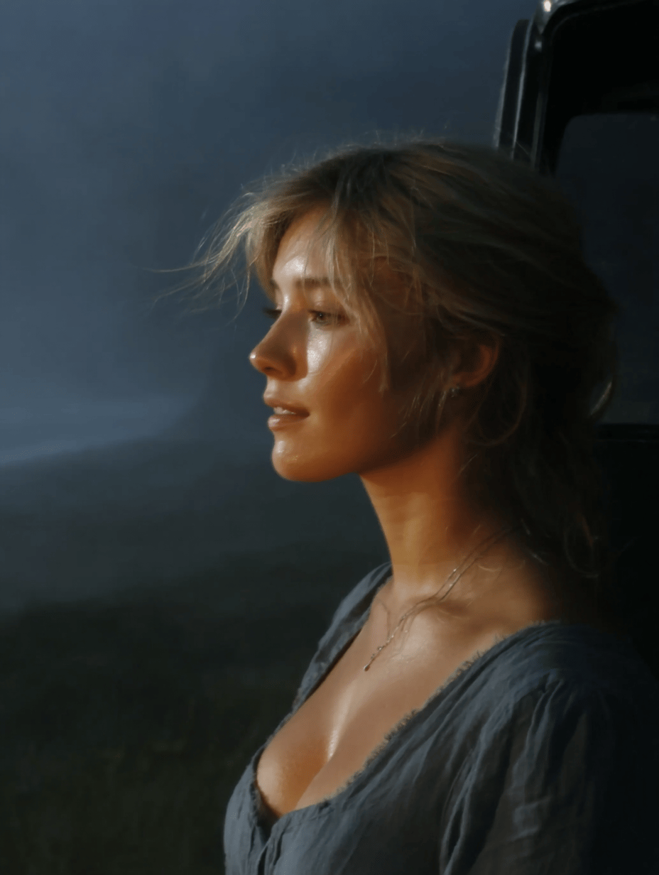 Profile of a blonde woman illuminated by warm light against a dark, misty coastal landscape at dusk.