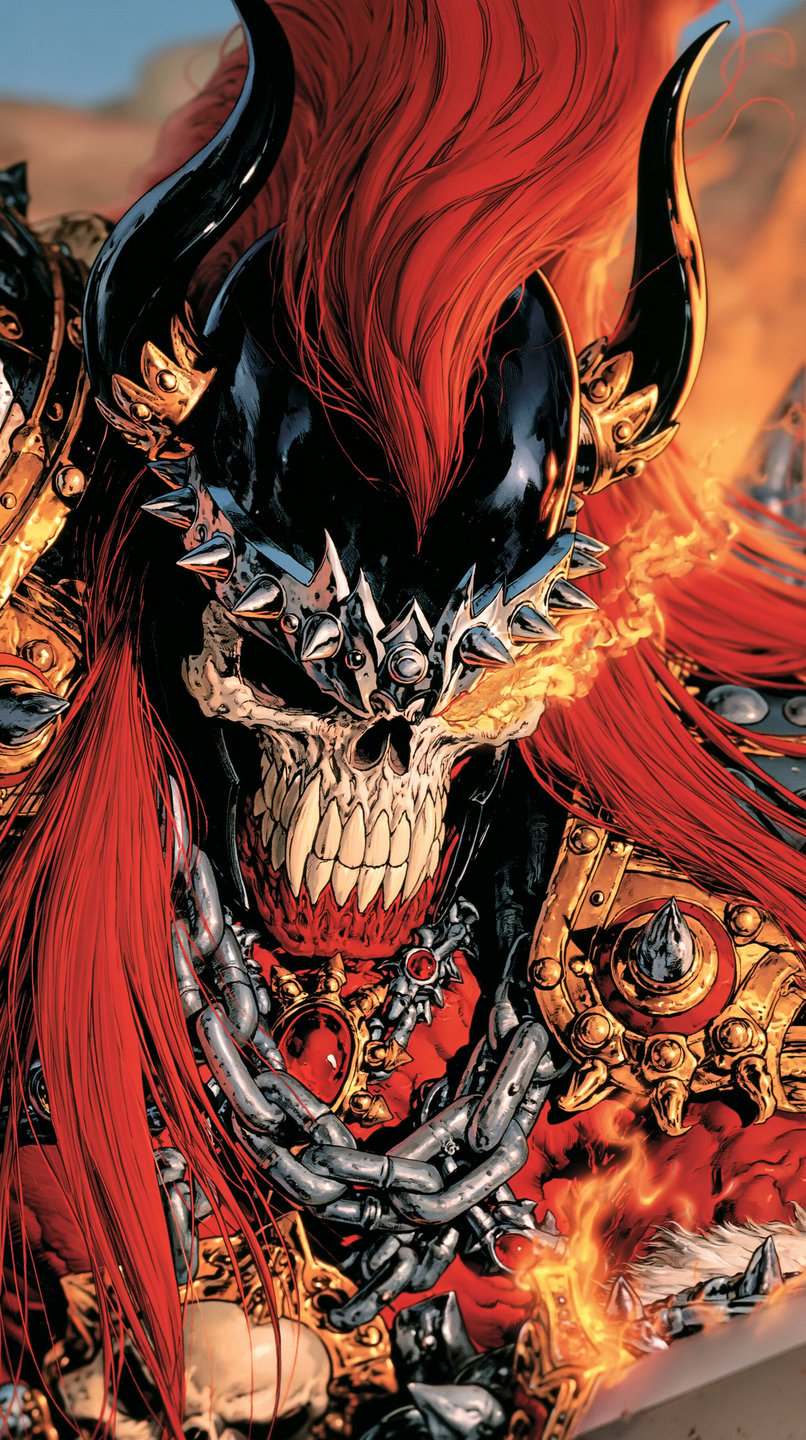 Skeletal warrior with a horned helmet, flaming eye, and long crimson hair wearing heavy iron chains.