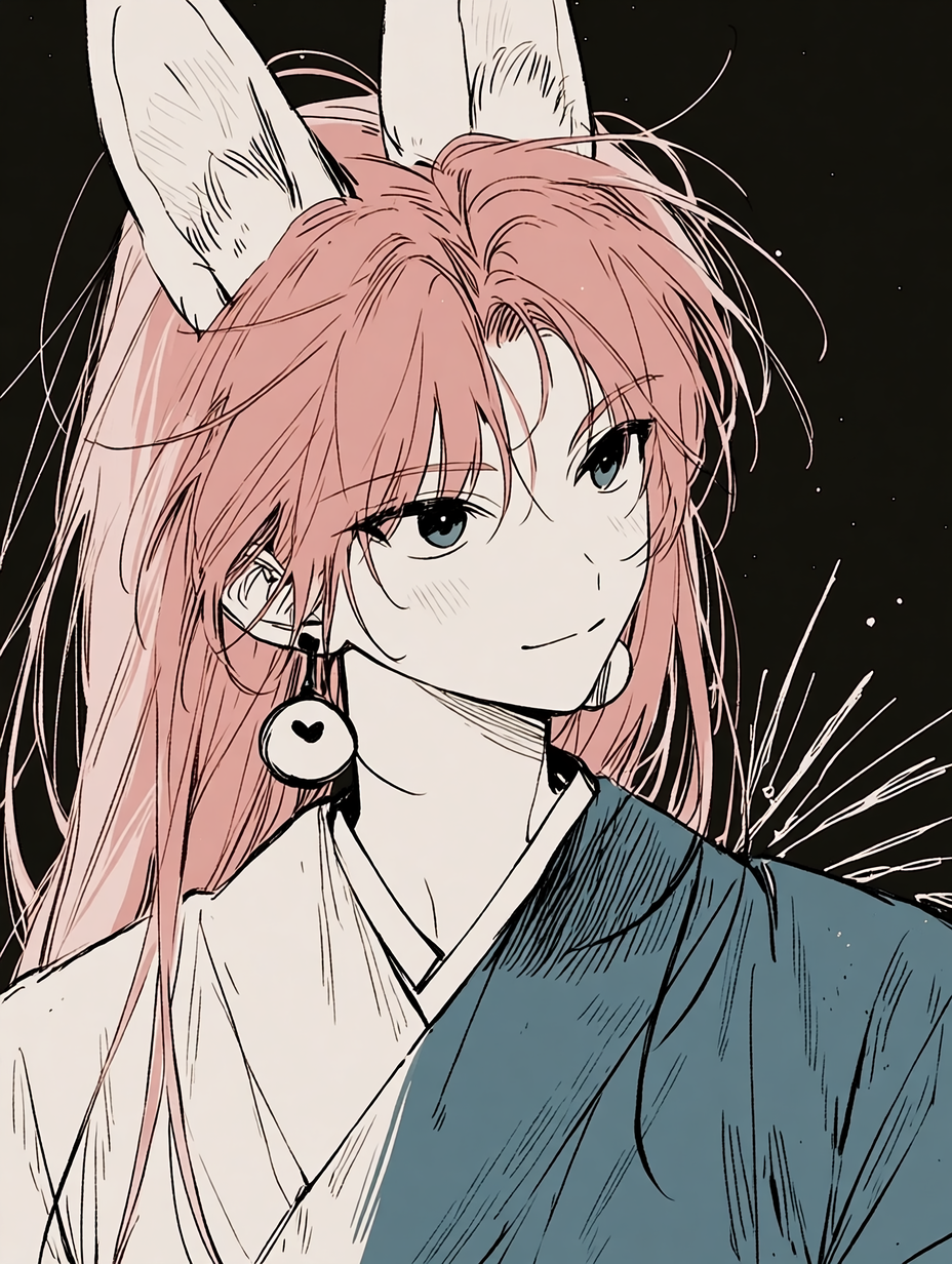 Anime girl with long pink hair and fox ears wearing a blue and white traditional robe.