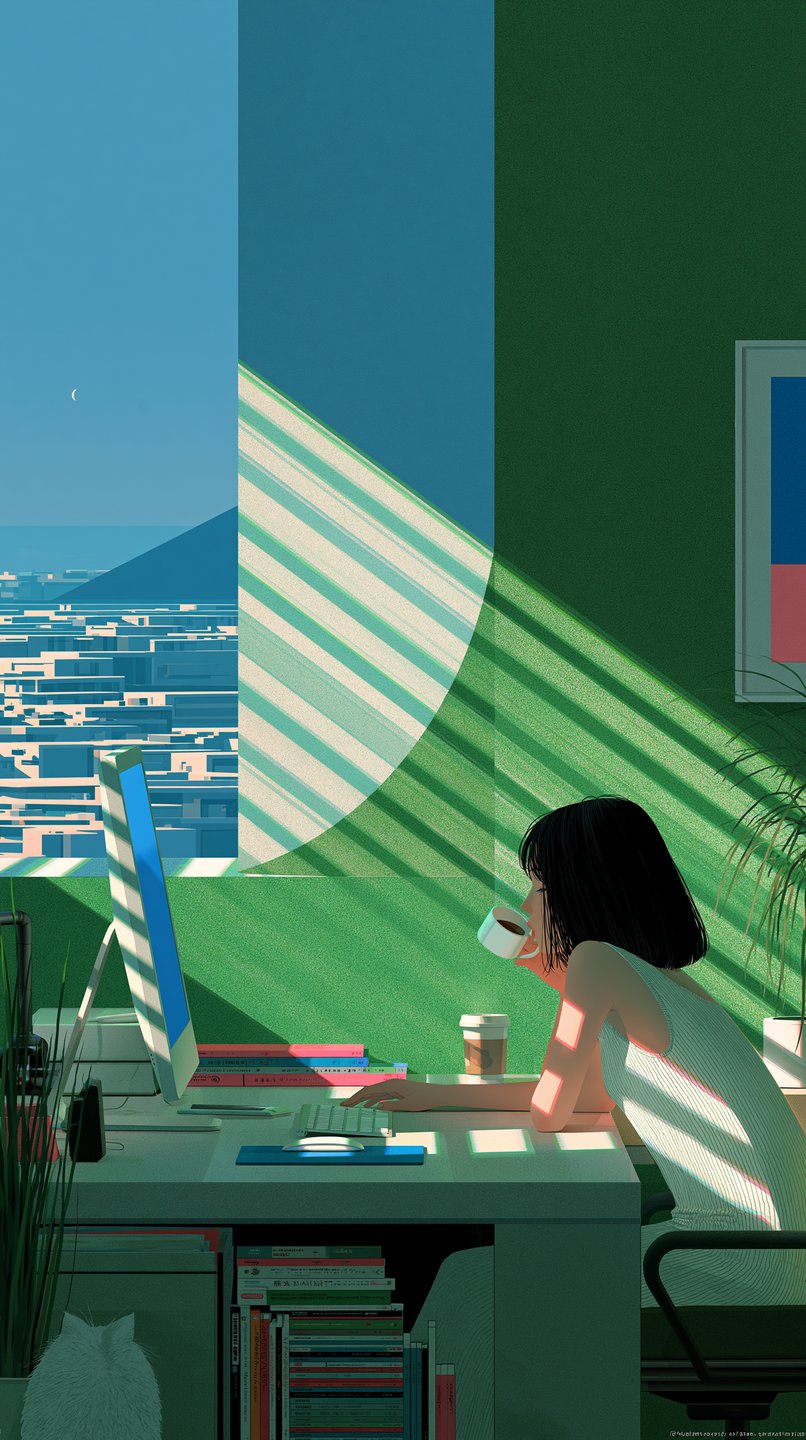 A young woman drinks from a mug at her desk under graphic shadows cast by window blinds.
