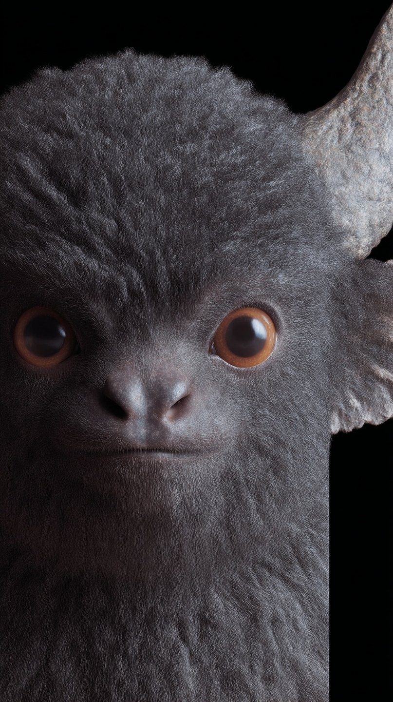 Close-up portrait of a grey furry creature with large amber eyes and a stony horn against black.