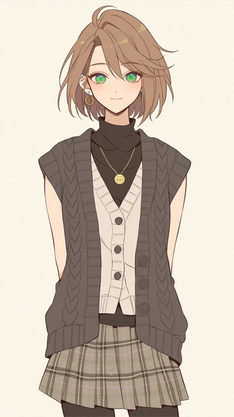 Anime-style young woman with short brown hair and green eyes wearing layered vests and a plaid skirt.