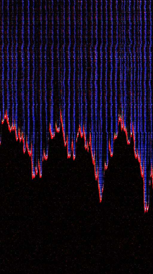 Abstract digital glitch art with vertical blue scanlines dripping into a jagged red edge over black void.