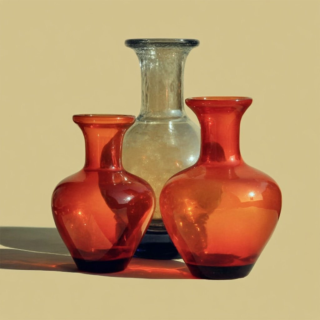 Three translucent glass vases, two vibrant red and one clear, casting colorful shadows against a beige background.