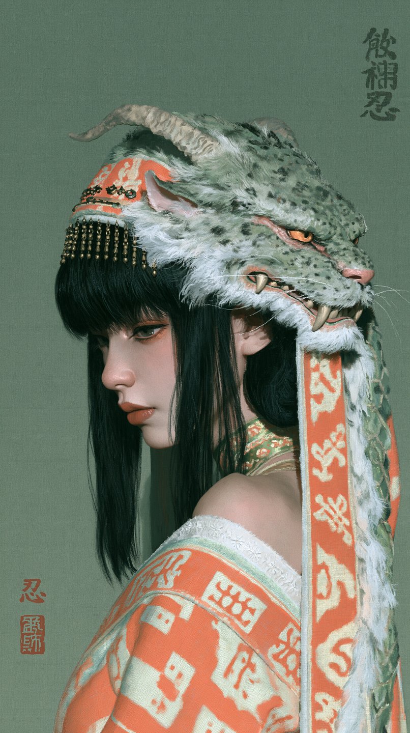Young woman in profile wearing a green dragon headdress and orange patterned robe against a green background.