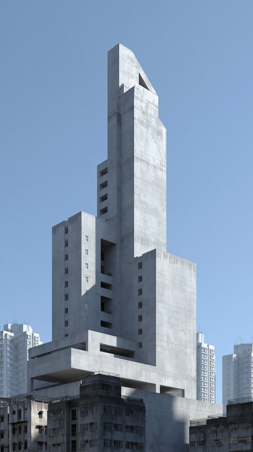 Tall brutalist concrete skyscraper with geometric cutouts stands against a clear blue sky above urban apartment buildings.