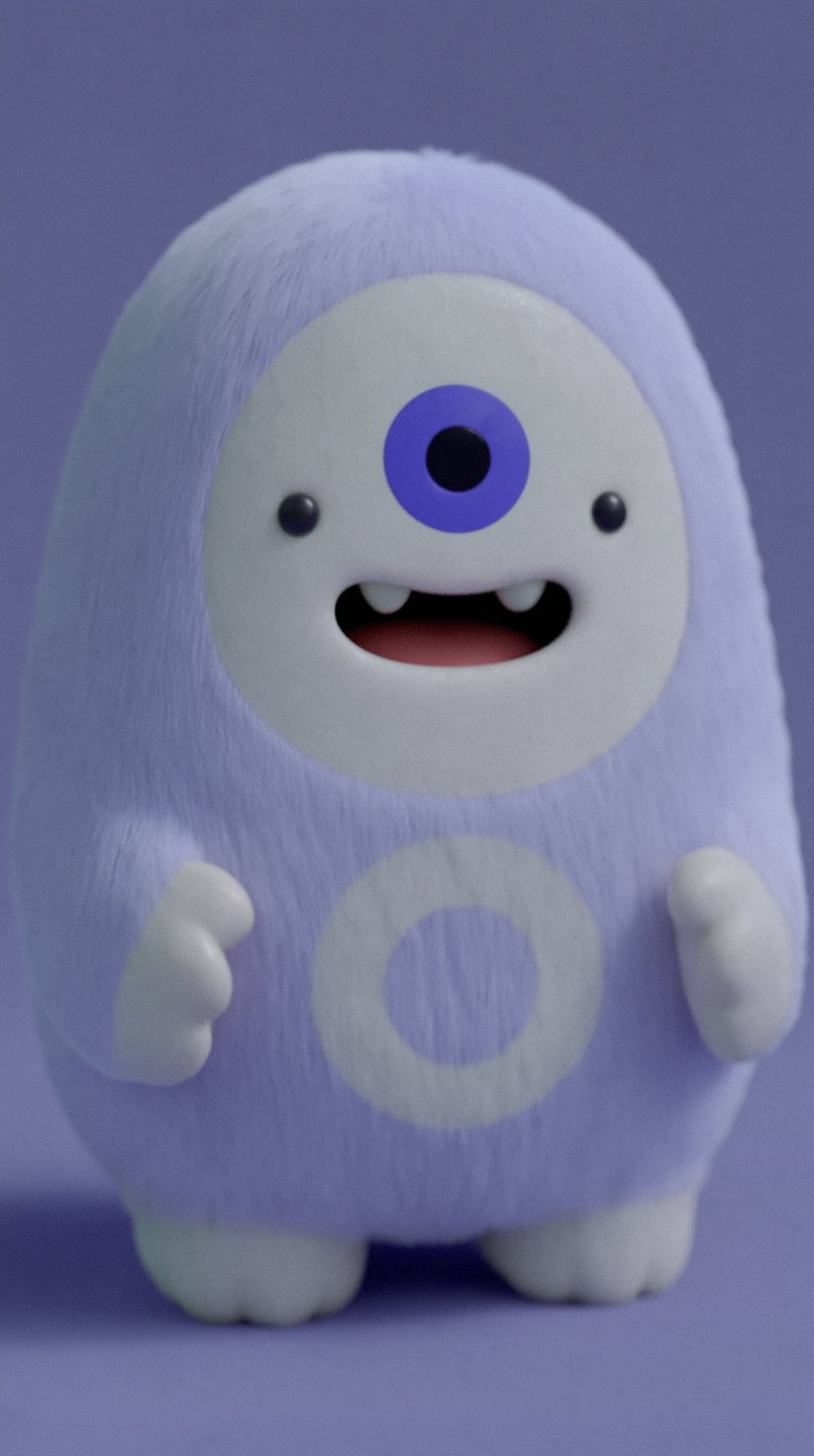 A cute lavender furry 3D monster character with a friendly smile and a blue central eye.