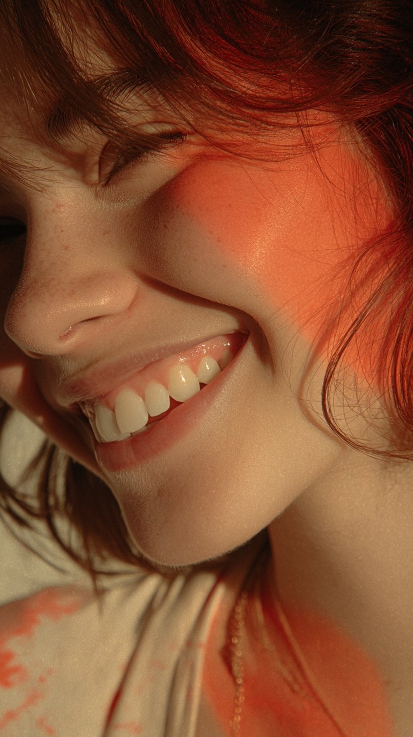 Extreme close-up of a young woman smiling broadly, highlighting freckled skin, red hair, and warm orange lighting.