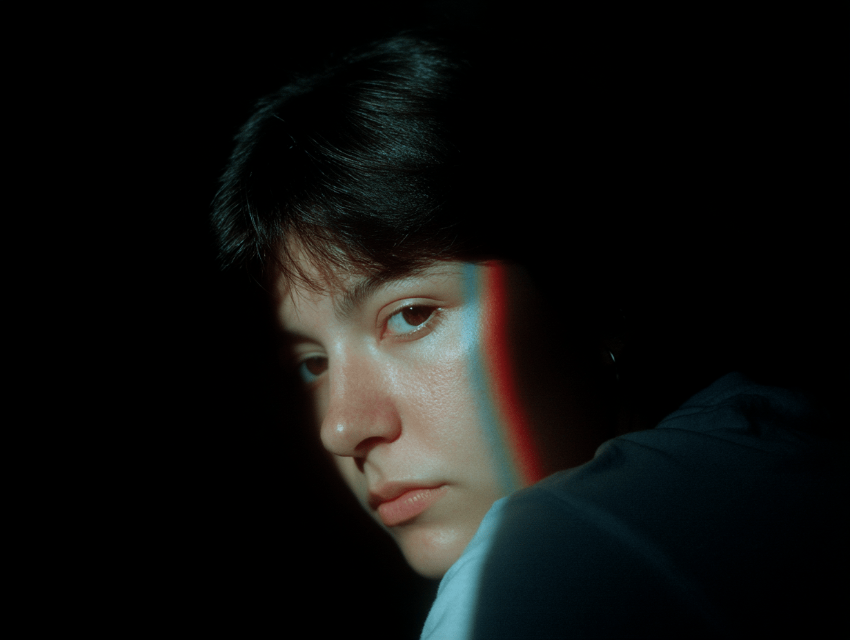 Moody close-up portrait of a young adult with a vibrant rainbow light streak across their face.