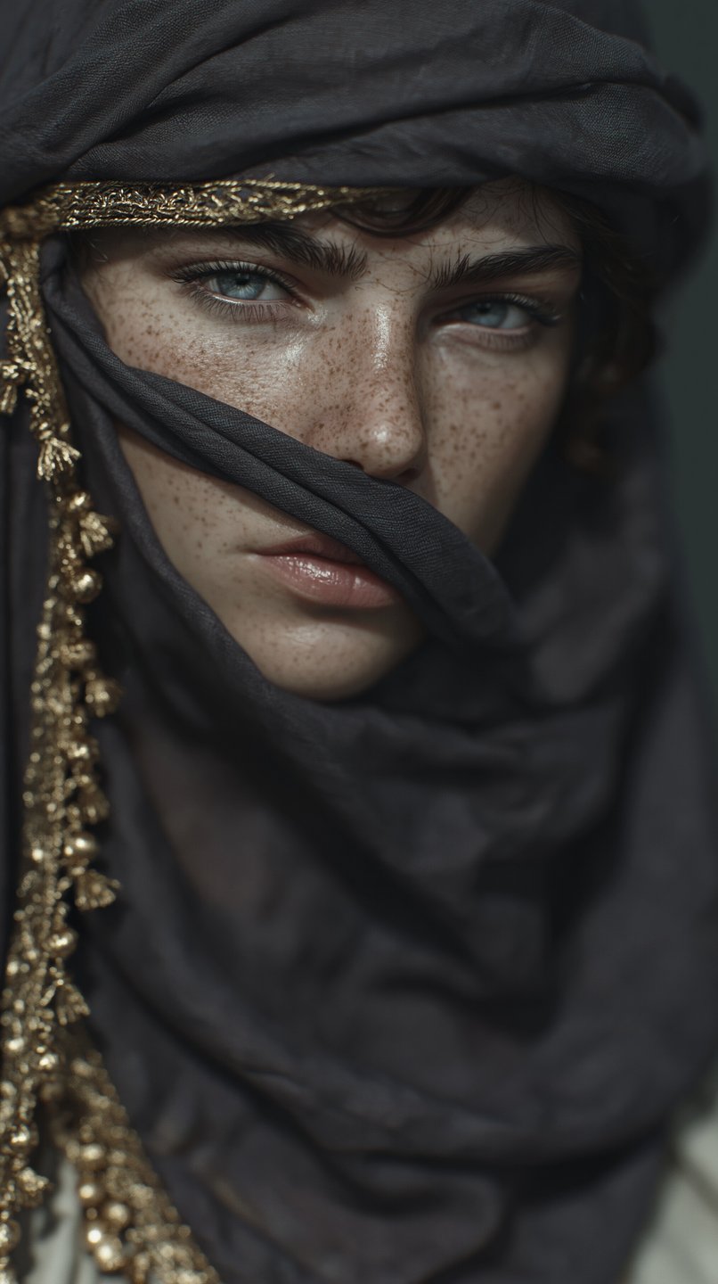 Freckled young woman with blue eyes wearing a dark grey headscarf adorned with ornate gold tassels.