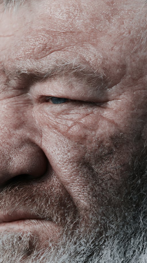 Extreme close-up of a weathered elderly man with frost clinging to his grey beard and eyelashes.