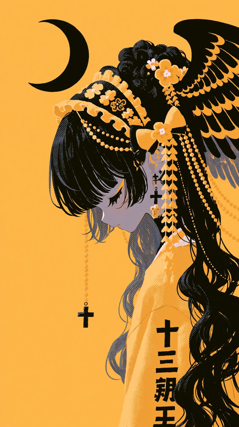 A winged anime girl in profile wearing a yellow kimono and gothic cross accessories against a yellow background.