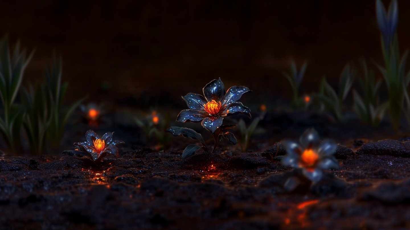 Bioluminescent blue flowers with glowing orange centers bloom from dark wet soil in a shallow depth field.