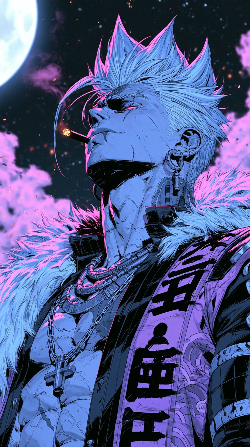 Spiky-haired cyberpunk anime rebel with glowing red eyes smokes a cigarette under a purple moonlit sky.