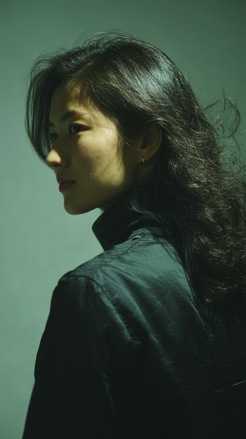Young Asian woman in profile with wind-swept hair, wearing a dark jacket under dramatic green-tinted side lighting.