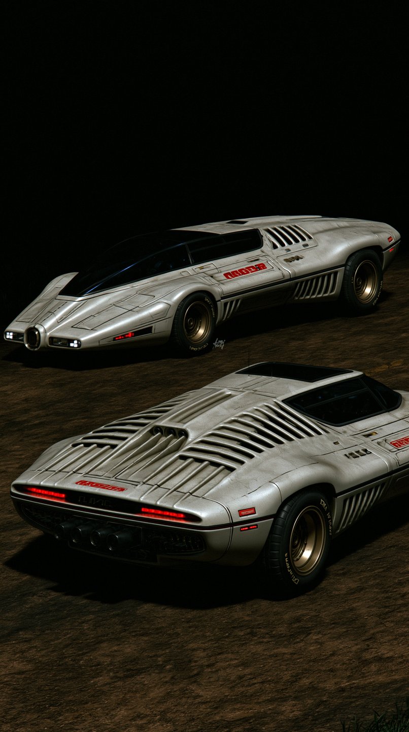 Two white retro-futuristic concept cars with rear louvers and gold wheels parked on dark dirt ground.