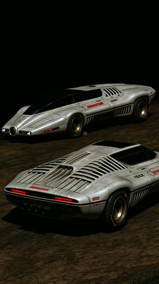 Two white retro-futuristic concept cars with rear louvers and gold wheels parked on dark dirt ground.