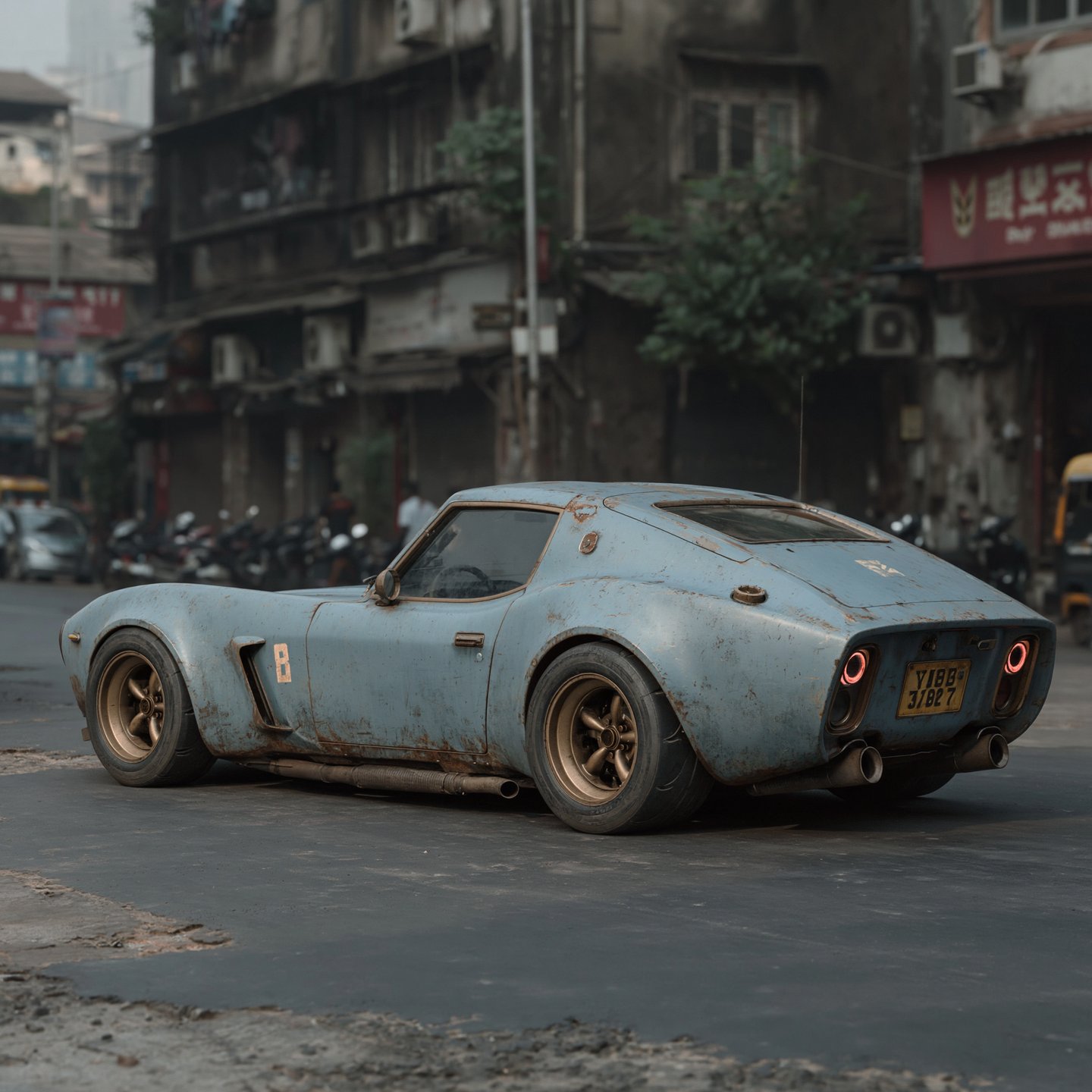 Weathered blue vintage sports car with rust spots parked on a gritty urban street with old buildings.
