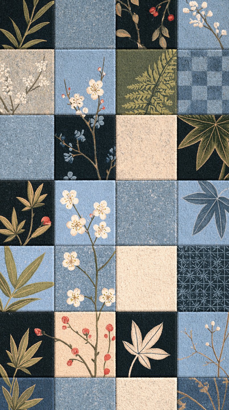 A grid of Japanese-style tiles decorated with delicate cherry blossoms, bamboo, and maple leaves in blue and cream.