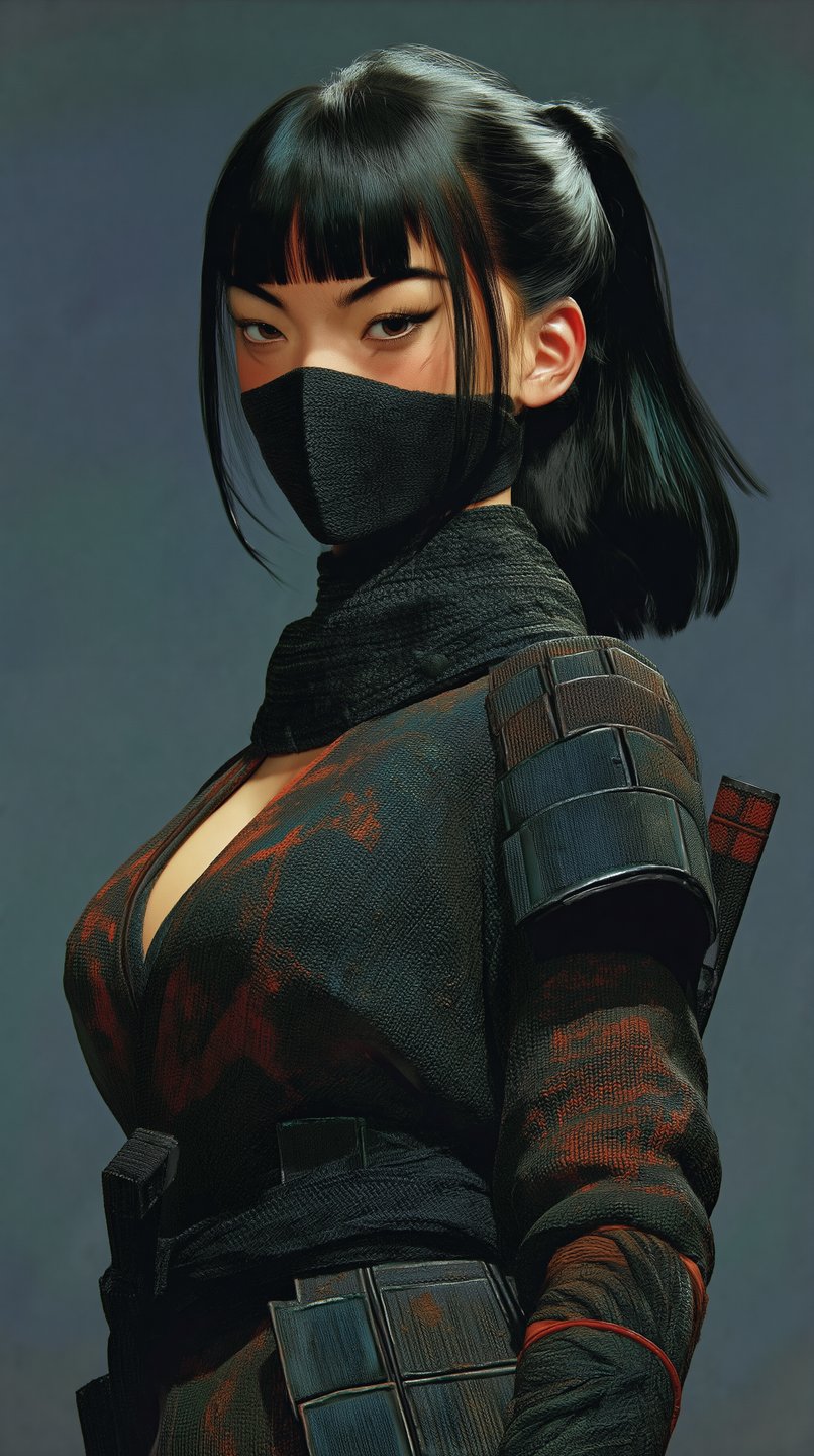 Young female shinobi with black ponytail and mask wearing weathered tactical armor against a dark grey background.