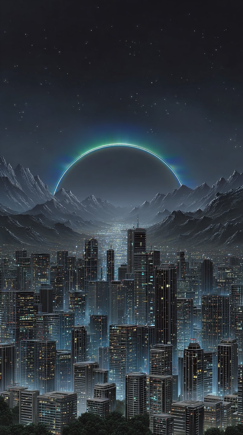 Futuristic skyscrapers glow within a mountain valley beneath a massive luminescent celestial arc and starry night sky.