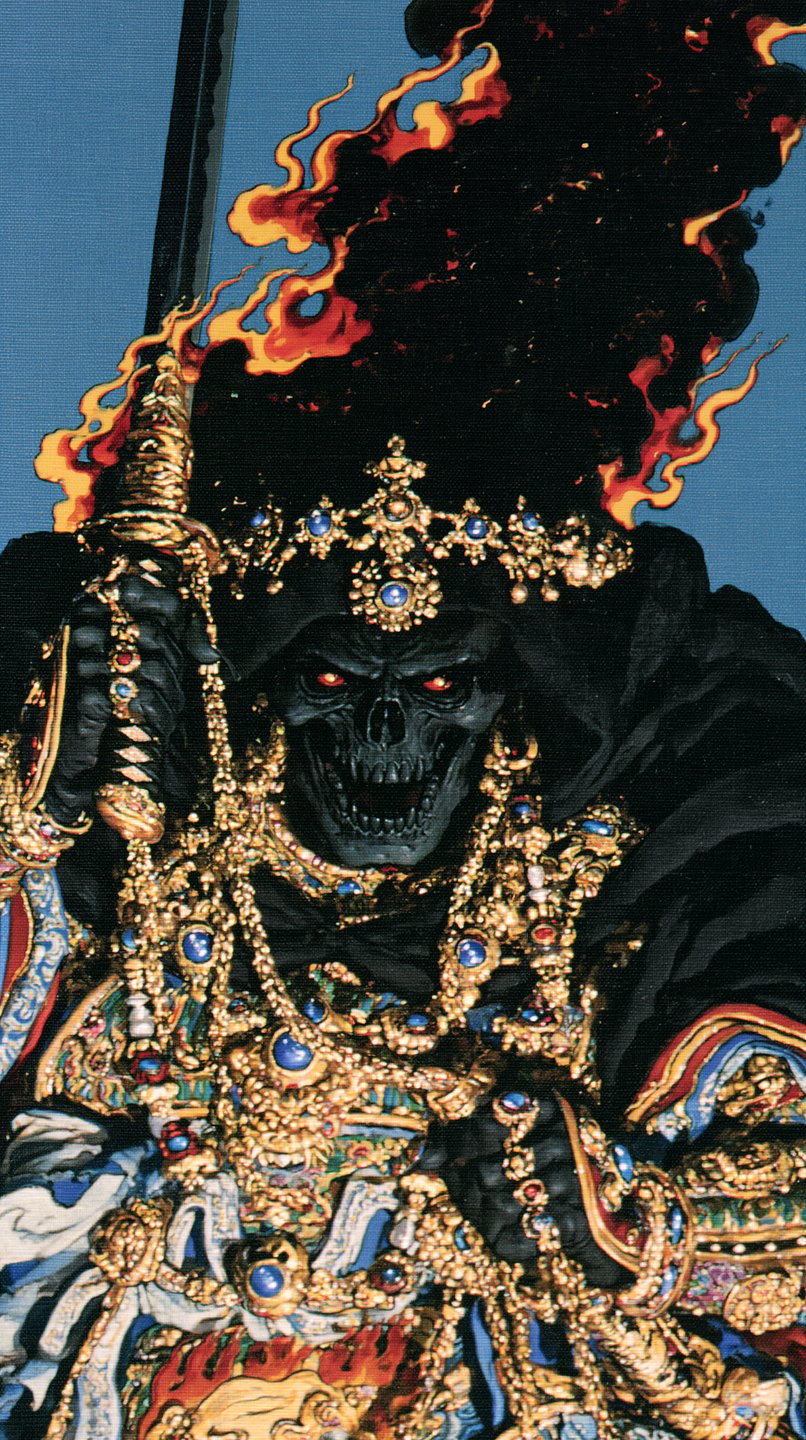 Skeletal warrior with glowing red eyes wearing ornate gold jewelry and holding a sword against blue background.