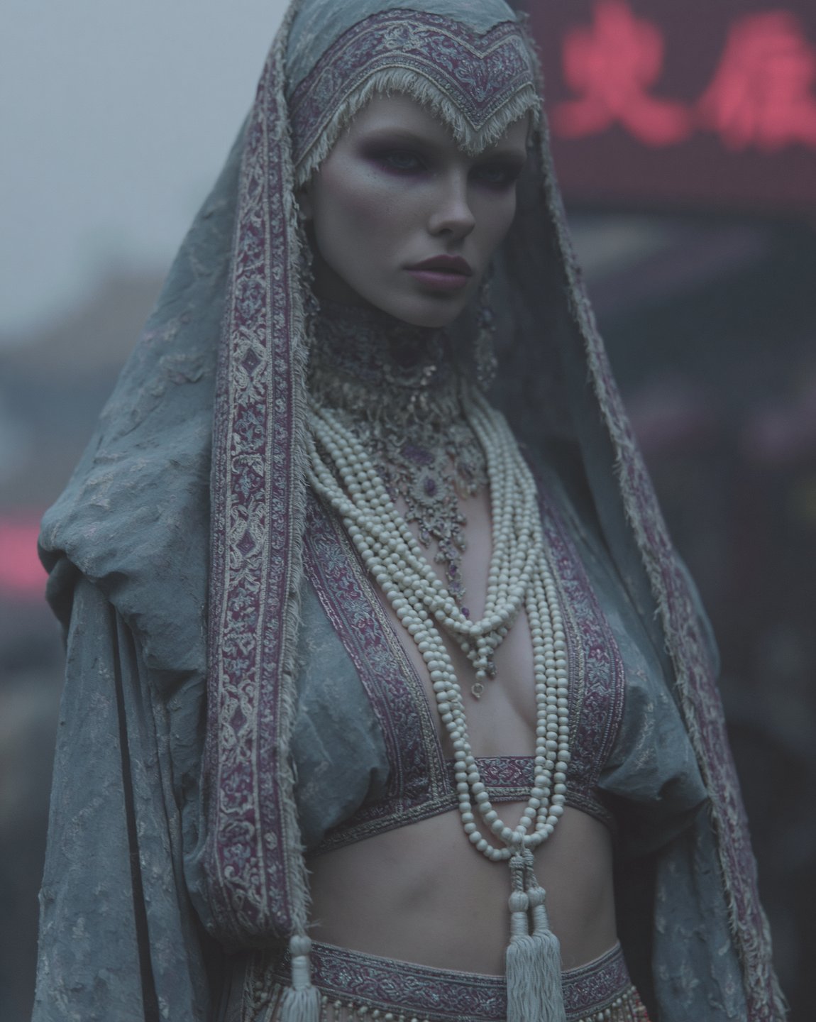 Veiled woman in ornate embroidered attire and layered pearl necklaces stands in a misty, atmospheric setting.