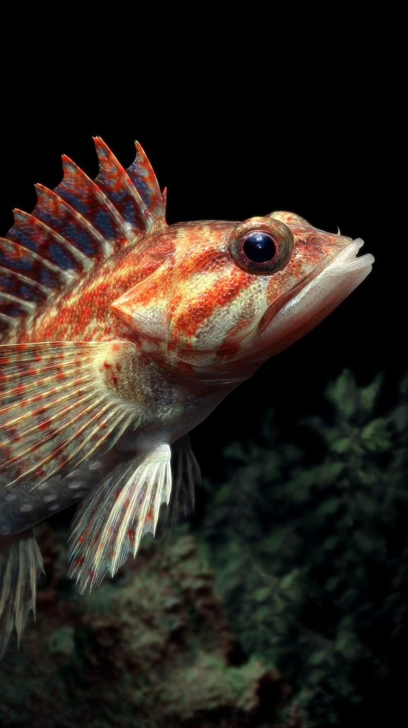 Red and orange mottled rockfish in profile, displaying sharp dorsal spines against a black underwater background.