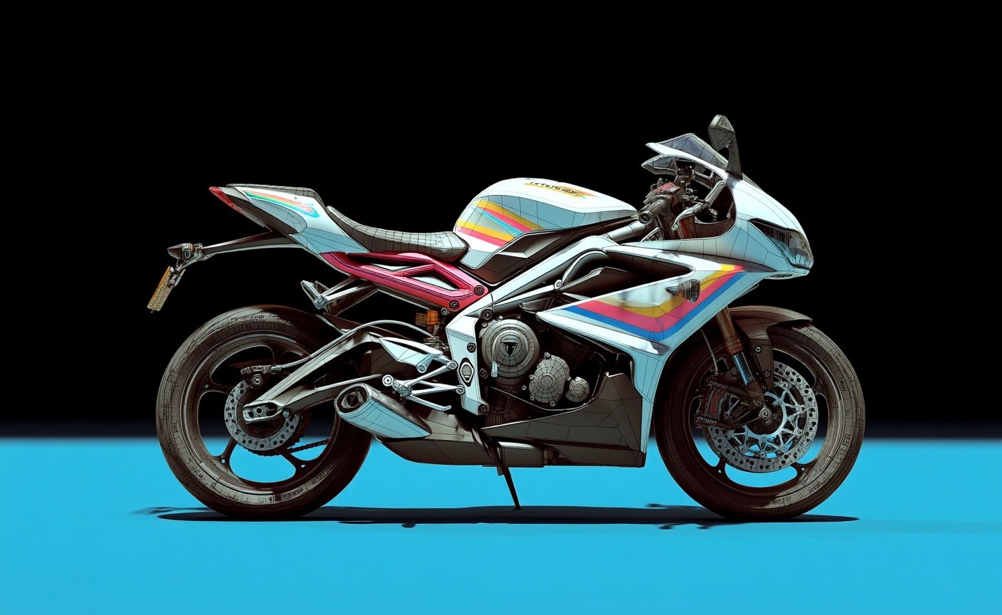White sport motorcycle with pastel stripes centered on a cyan floor against a solid black background.