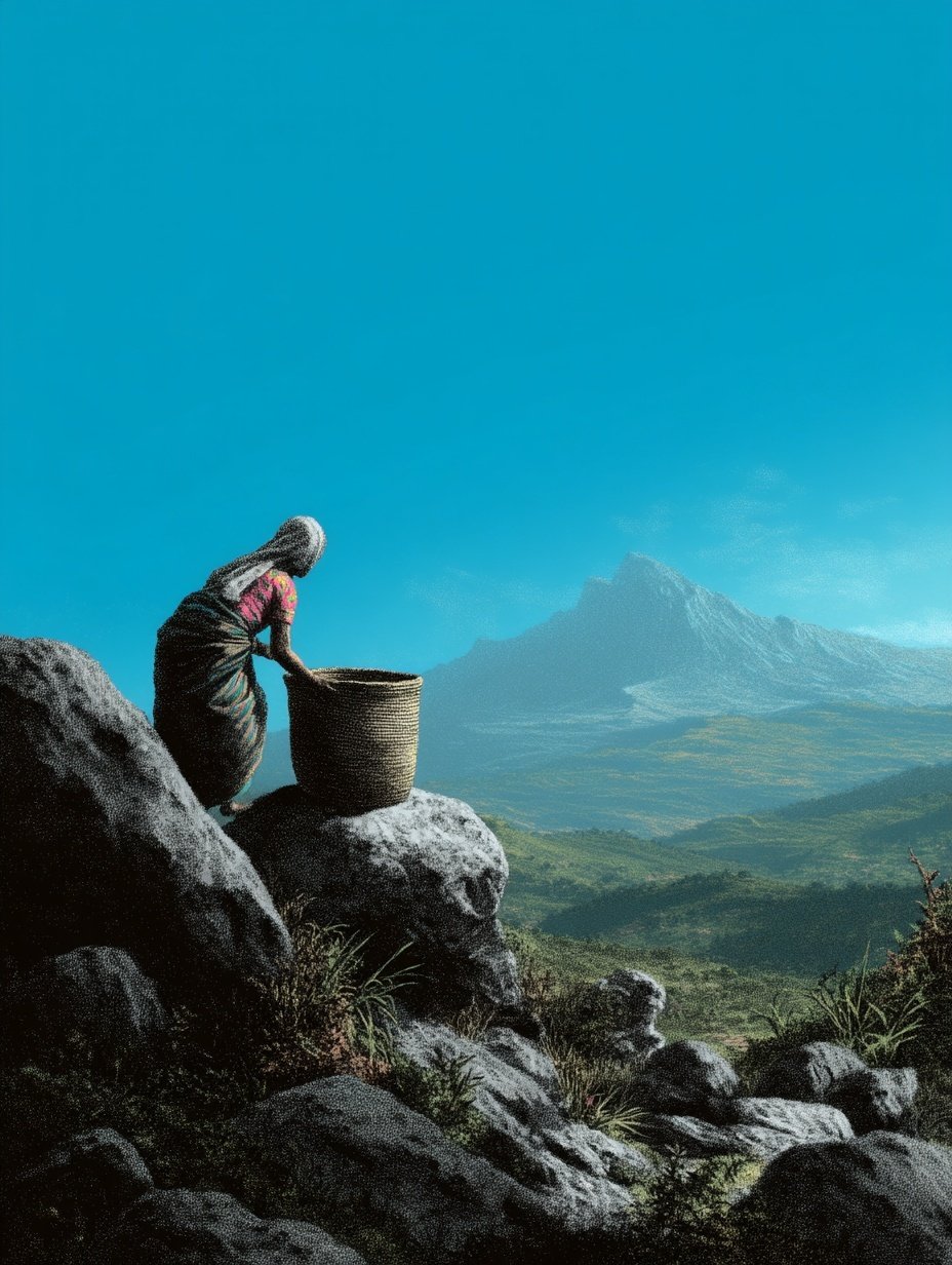 Woman in a sari stands on rocks with a woven basket overlooking a distant mountain peak.