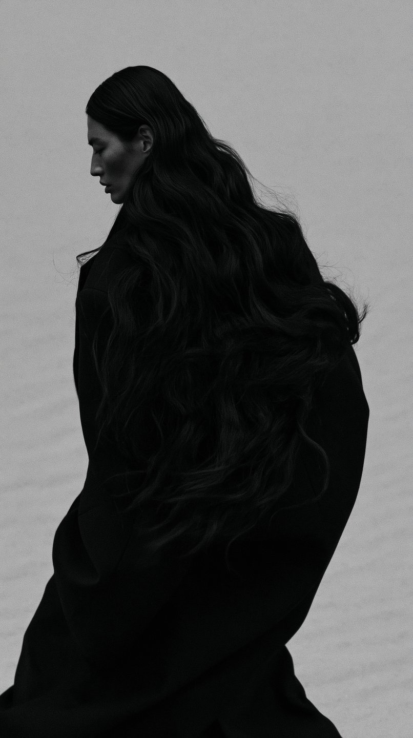Profile of a woman with long cascading dark hair wearing a black coat against a light gray background.