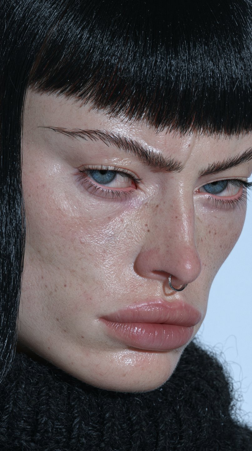 Close-up portrait of a woman with black bangs, blue eyes, freckled skin, and a septum ring.