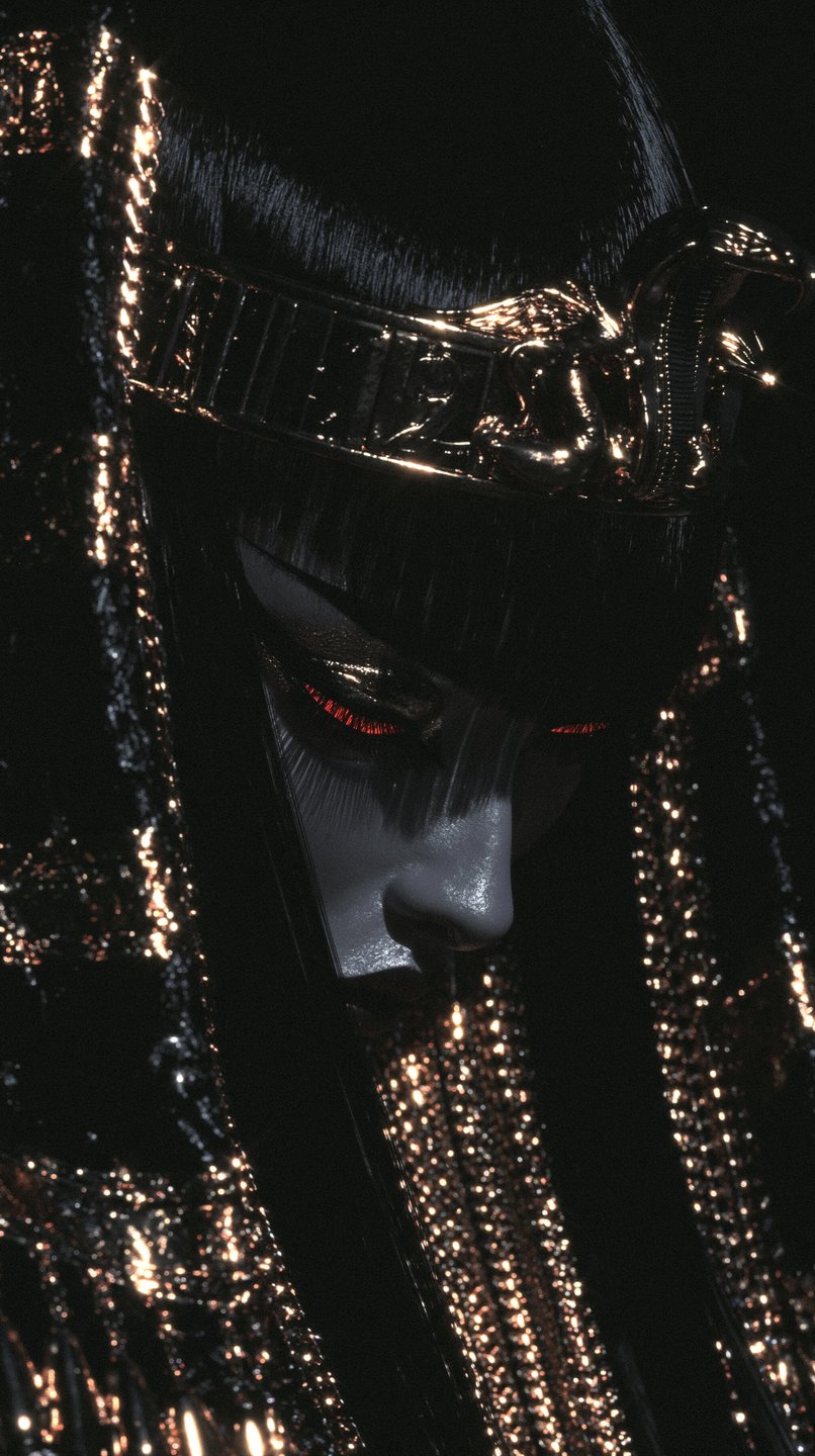 A dark fantasy Egyptian queen with glowing red eyes wears an ornate, metallic golden headdress.