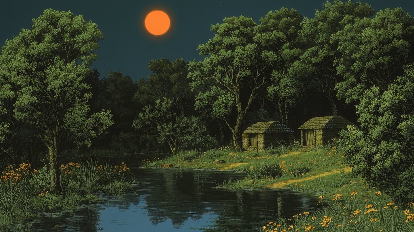 Glowing orange moon hangs over two stone cottages nestled beside a calm river within a dense forest.