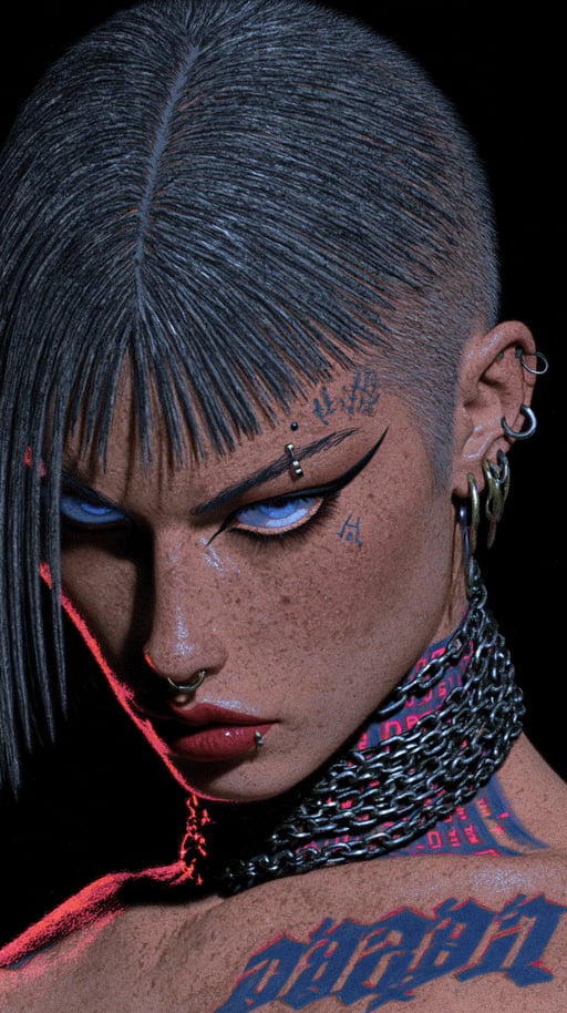 Close-up portrait of a pierced cyberpunk woman with glowing blue eyes, shaved hair, and heavy neck chains.