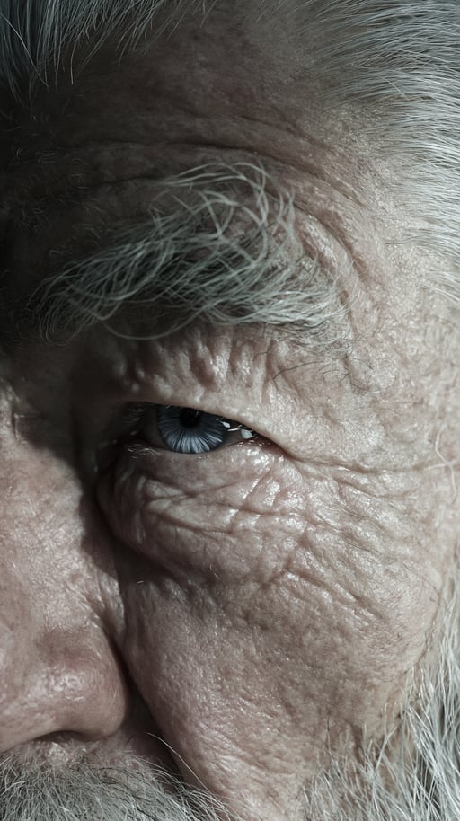Extreme close-up of a weathered elderly man's blue eye, showing detailed wrinkles and grey eyebrow hairs.