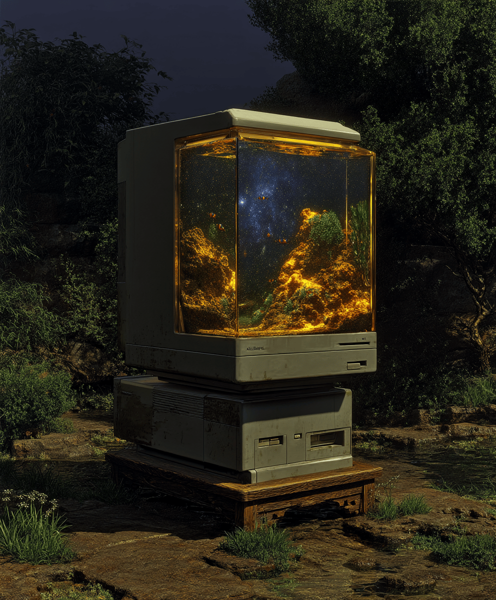 Vintage computer monitor converted into a glowing aquarium with coral and fish in a dark forest setting.