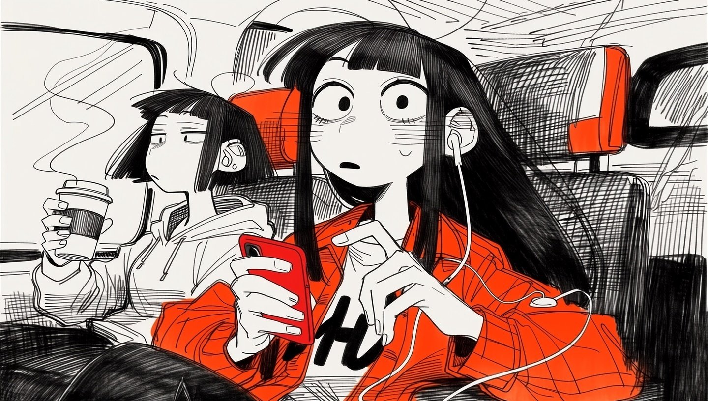 Manga-style illustration of a surprised girl with long hair holding a red phone on a train.