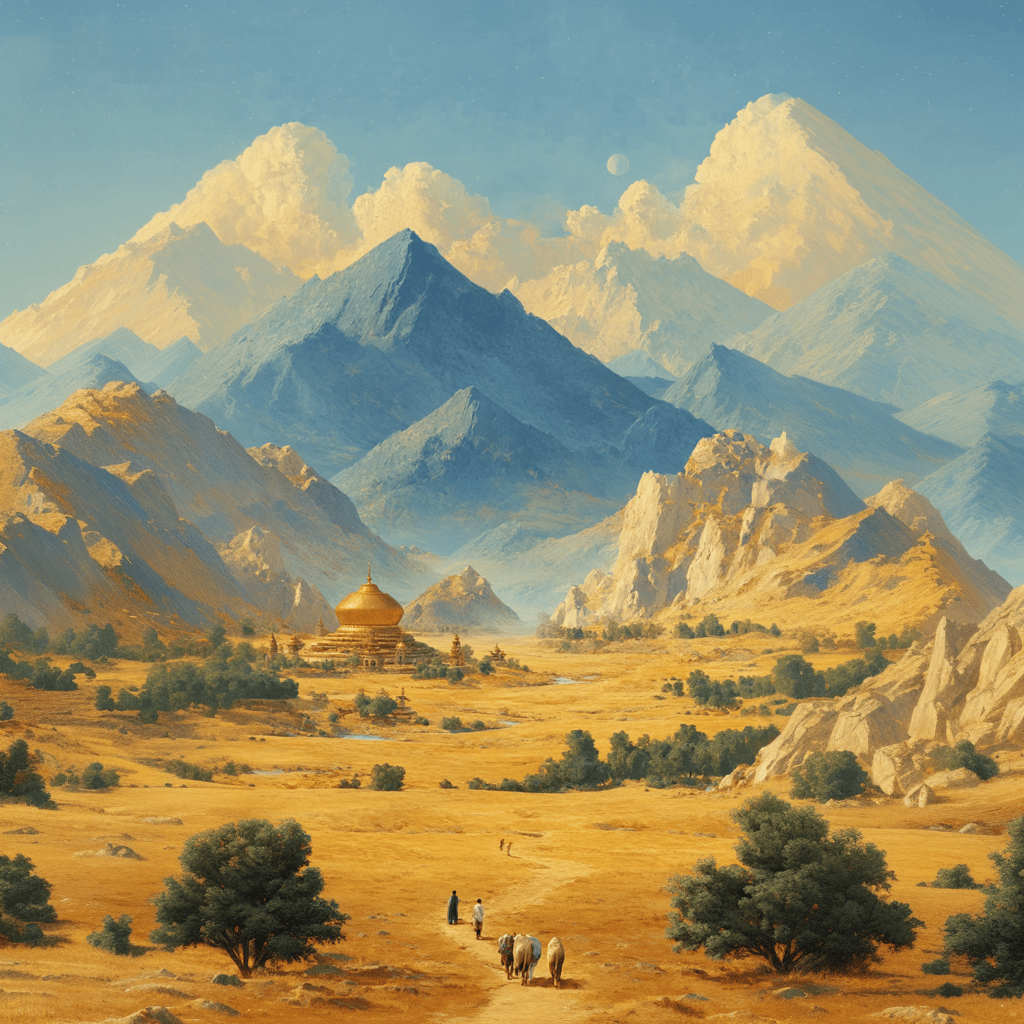 A golden domed temple sits in a vast valley surrounded by towering blue and yellow mountain peaks.