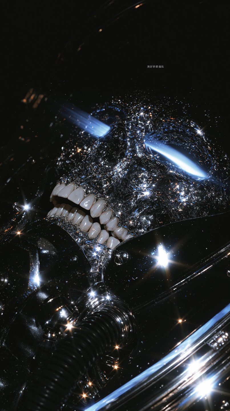 Chrome skull with glowing blue eyes and realistic teeth inside a dark, reflective astronaut helmet.
