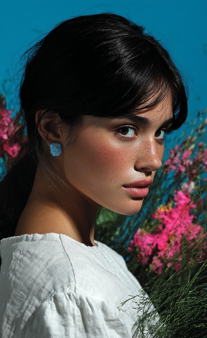 Young woman with freckles and dark hair wearing white linen among pink flowers against a blue background.