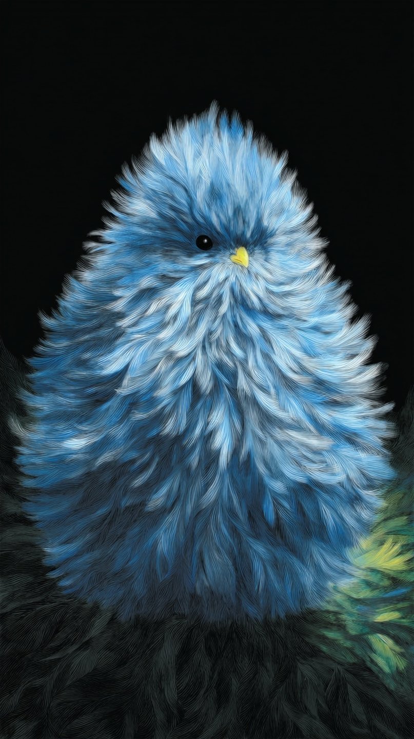 Fluffy blue egg-shaped bird with a small yellow beak and black eye against a dark background.