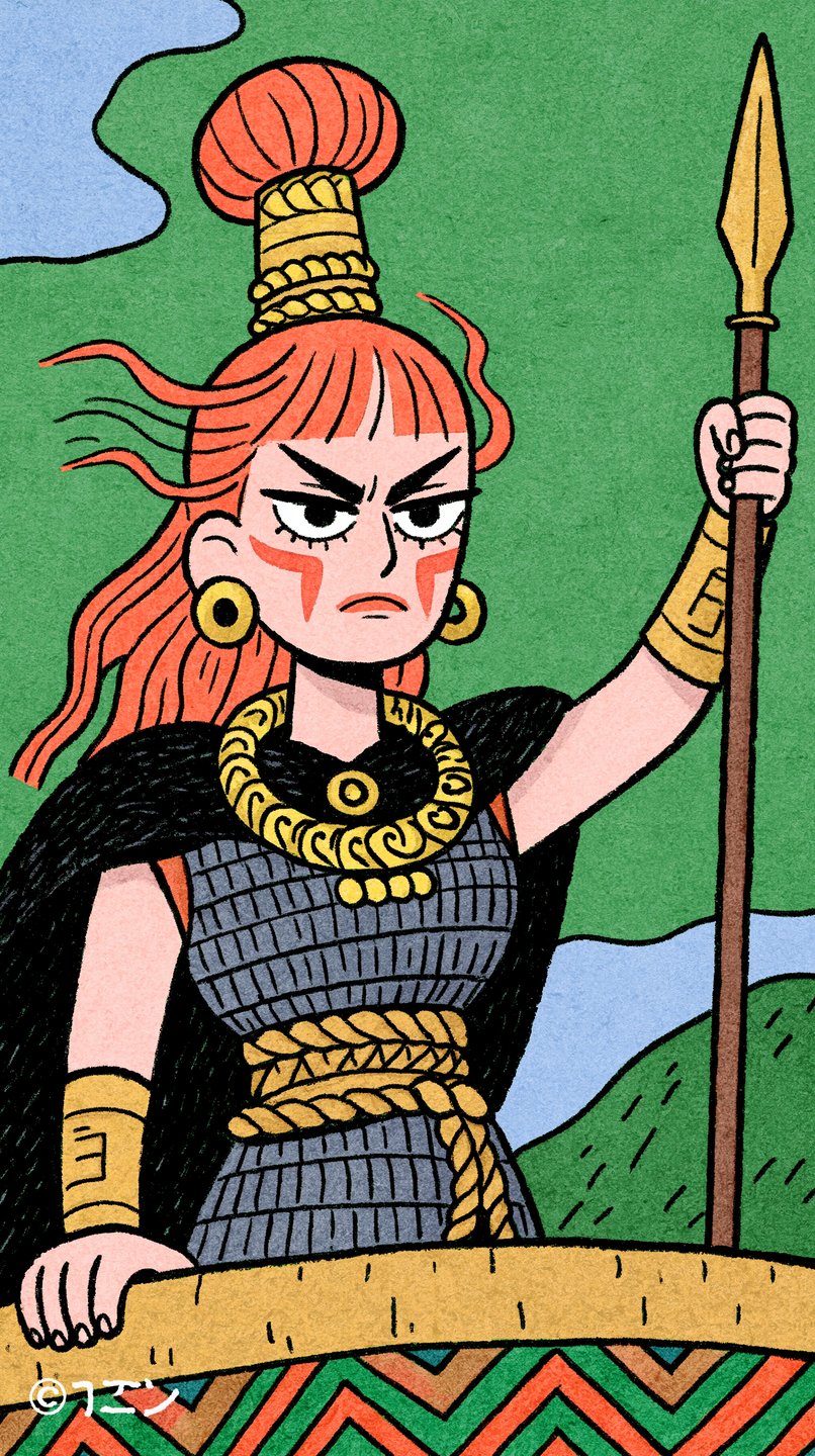 Fierce red-haired female warrior in chainmail holding a spear against a green background.