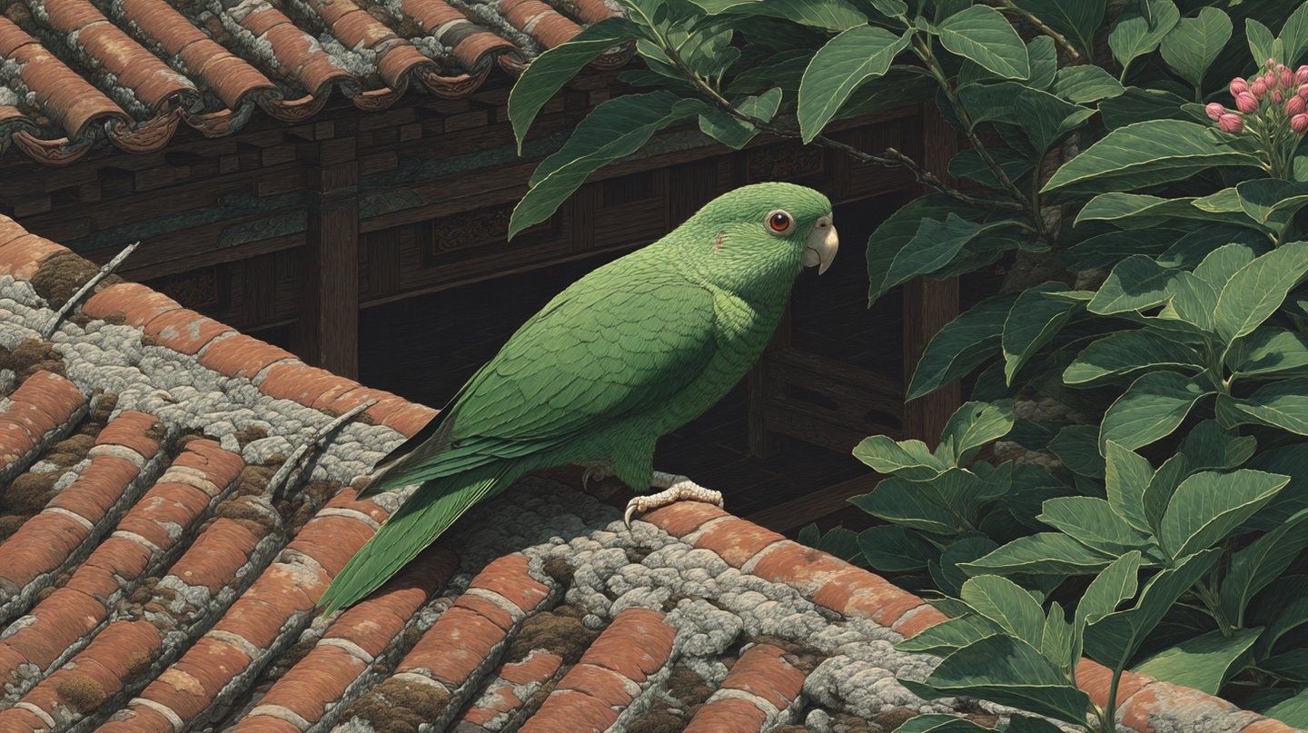 A green parrot perches on a weathered terracotta tile roof surrounded by dense green leaves and pink buds.