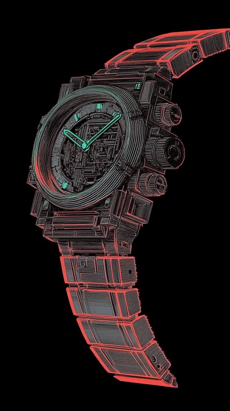 Red wireframe cyberpunk watch with glowing green hands and industrial mechanical details set against a solid black background.