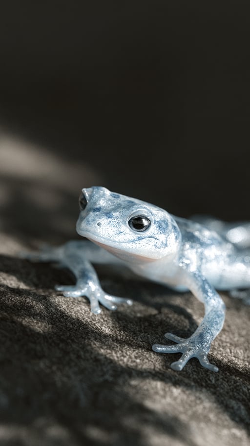 A close-up shot of a luminescent blue salamander resting on a dark, textured stone surface.