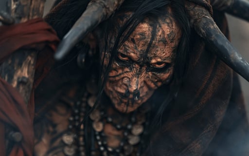 Extreme close-up of a heavily scarified tribal elder wearing a horned headdress and gazing intensely forward.